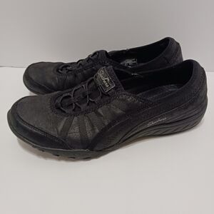 🖤Fantastic Black Faux Leather Toggle Bungee Slip On Sneakers Tennis Shoes -7.5M